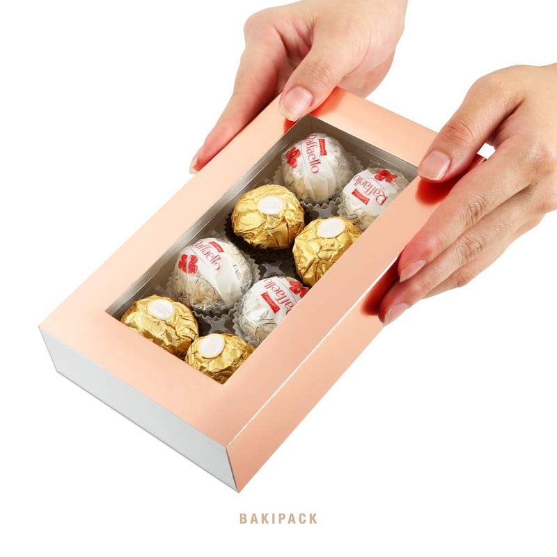 BAKIPACK 20 Rose Gold Truffle Box, Chocolate Box Packaging, Candy Boxes with 8-Piece Plastics Tray (Tray Size with 5.75x2.75 Inches), Pull Out Packing with Clear Window Sleeves - Image 3